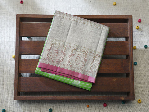 Twill Weave Border With Stripes And Paisley Butta Pear Green Kanchipuram Silk Unstitched Pavadai Sattai Material