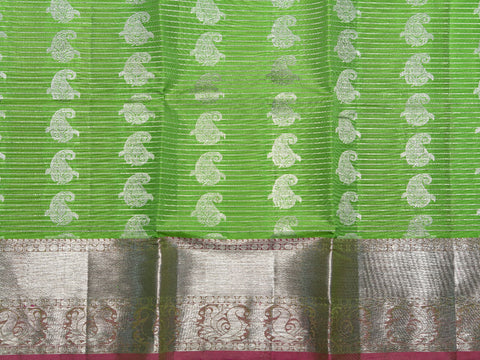 Twill Weave Border With Stripes And Paisley Butta Pear Green Kanchipuram Silk Unstitched Pavadai Sattai Material