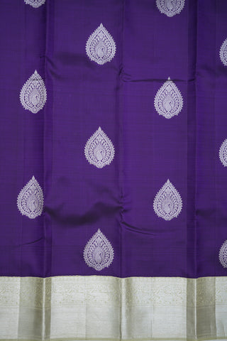 Twill Weave Pattern And Elephant Silver Zari Border Purple Kanchipuram Silk Saree