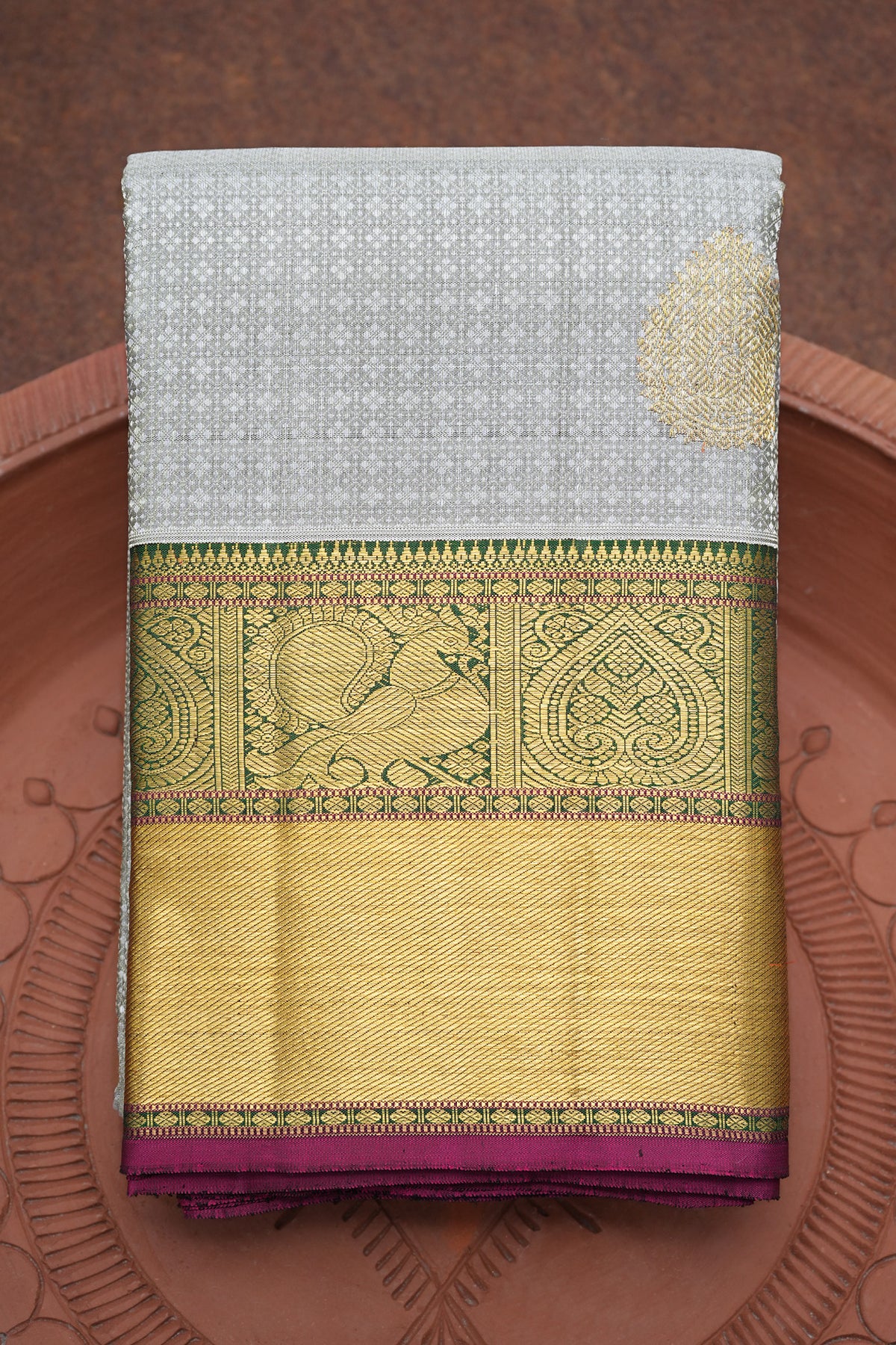 Twill Weave Pattern And Peacock Zari Border Grey Kanchipuram Silk Saree
