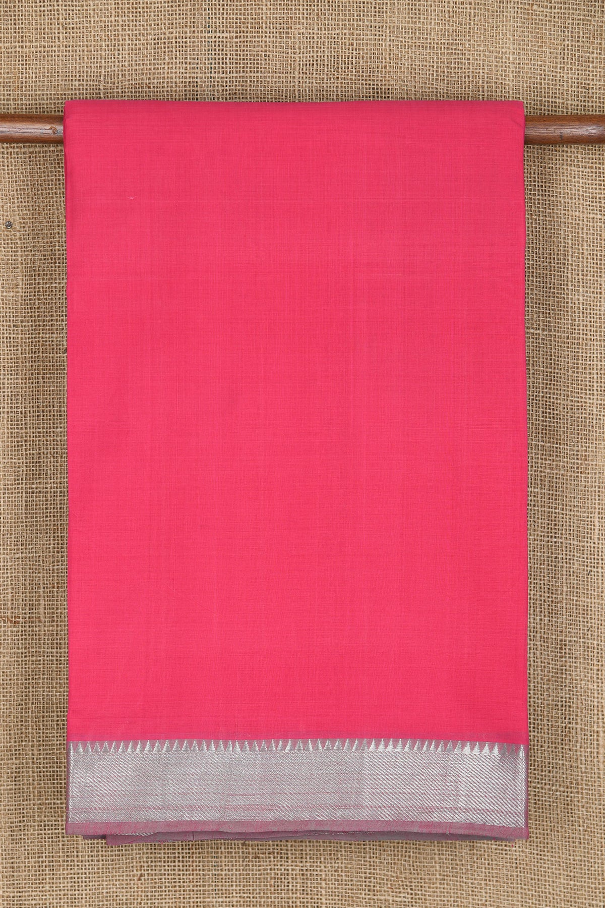 Twill Weave Silver Zari Border In Plain Hot Pink Mangalagiri Cotton Saree