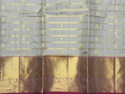 Twill Weave Zari Border With Checks And Buttis Pastel Grey Kanchipuram Silk Unstitched Pavadai Sattai Material