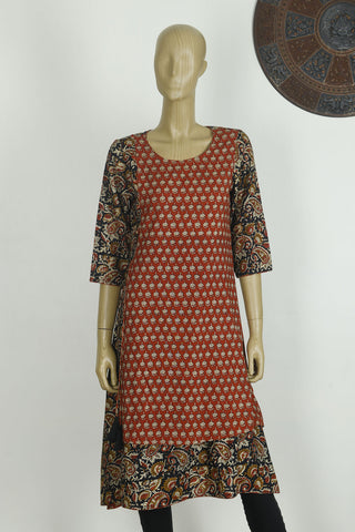U-Neck Side Tie-Up With Paisley Printed Layered Ochre Red And Black Rayon Cotton Long Kurta