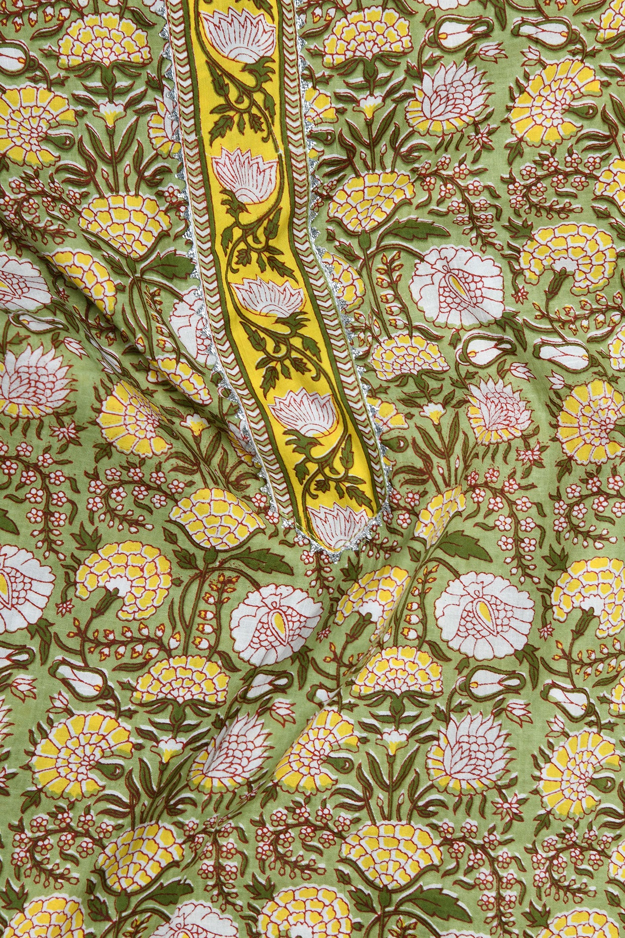 U-Neck Placket Floral Printed Sage Green Cotton Salwar Set