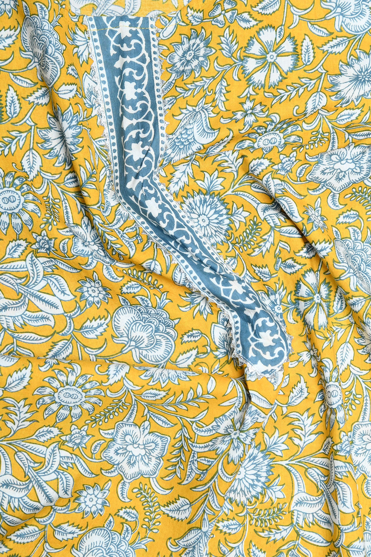 U-Neck Placket Floral Printed Yellow Cotton Salwar Set