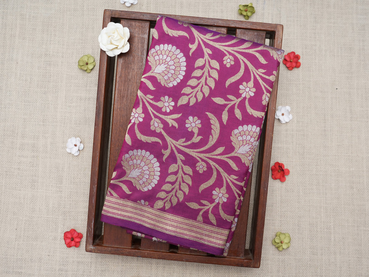 Allover Gold And Silver Zari Floral Design Purple Banaras Silk Unstitched Blouse Material