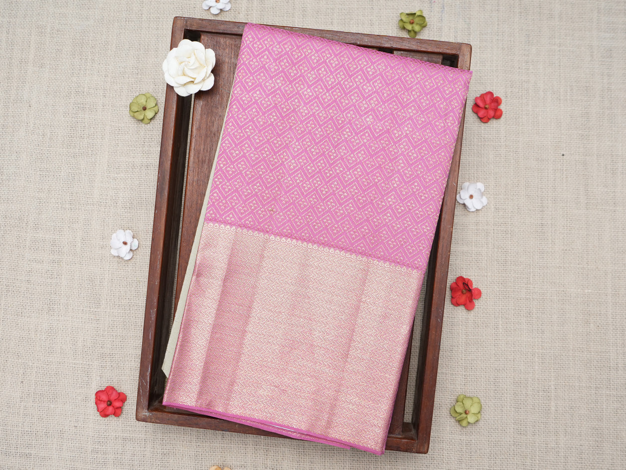 Chevron Design Big Zari Border Rose Pink Kanchipuram Silk Unstitched Blouse Material