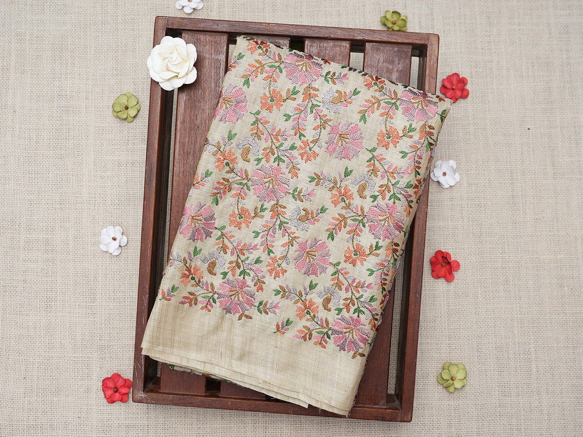 Allover Embroidered Floral Design Beige Tussar Unstitched Blouse Material