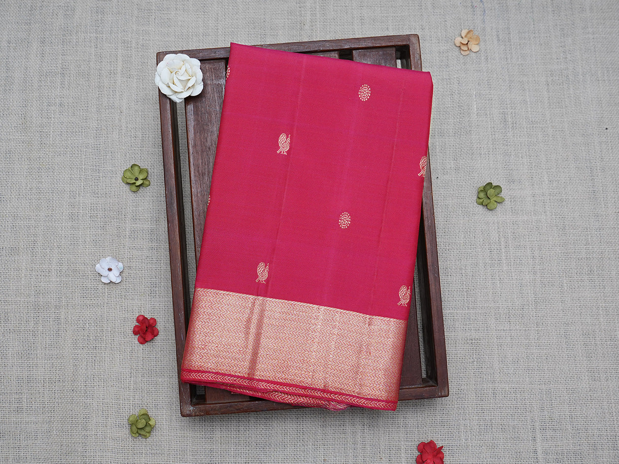 Peacock And Chakaram Motifs Rani Pink Kanchipuram Unstitched Blouse Material