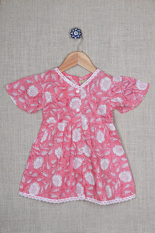 V- Neck Floral Printed Pastel Red Dobby Cotton Frock