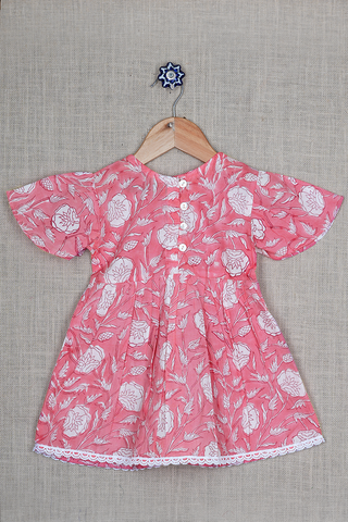 V- Neck Floral Printed Pastel Red Dobby Cotton Frock