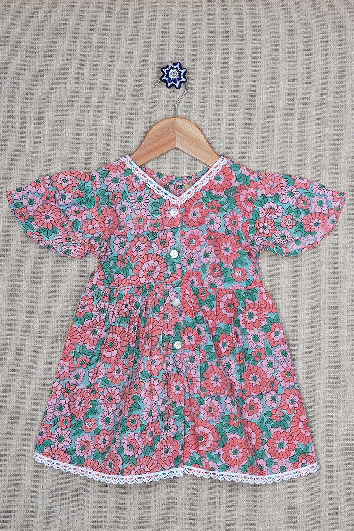 V- Neck Floral Printed Pink Dobby Cotton Frock