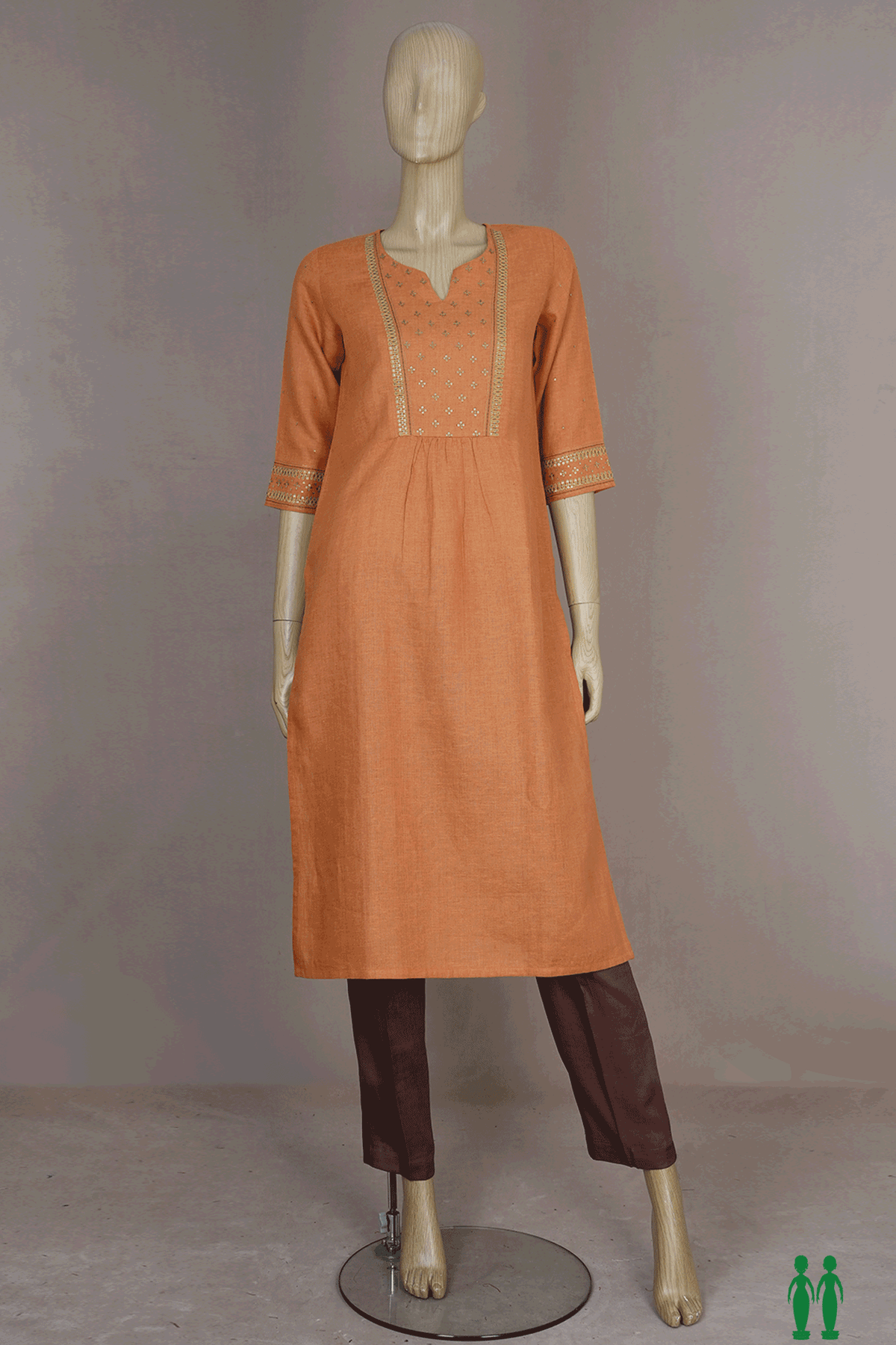 V- Split Neck Brick Orange Linen Cotton Salwar Set