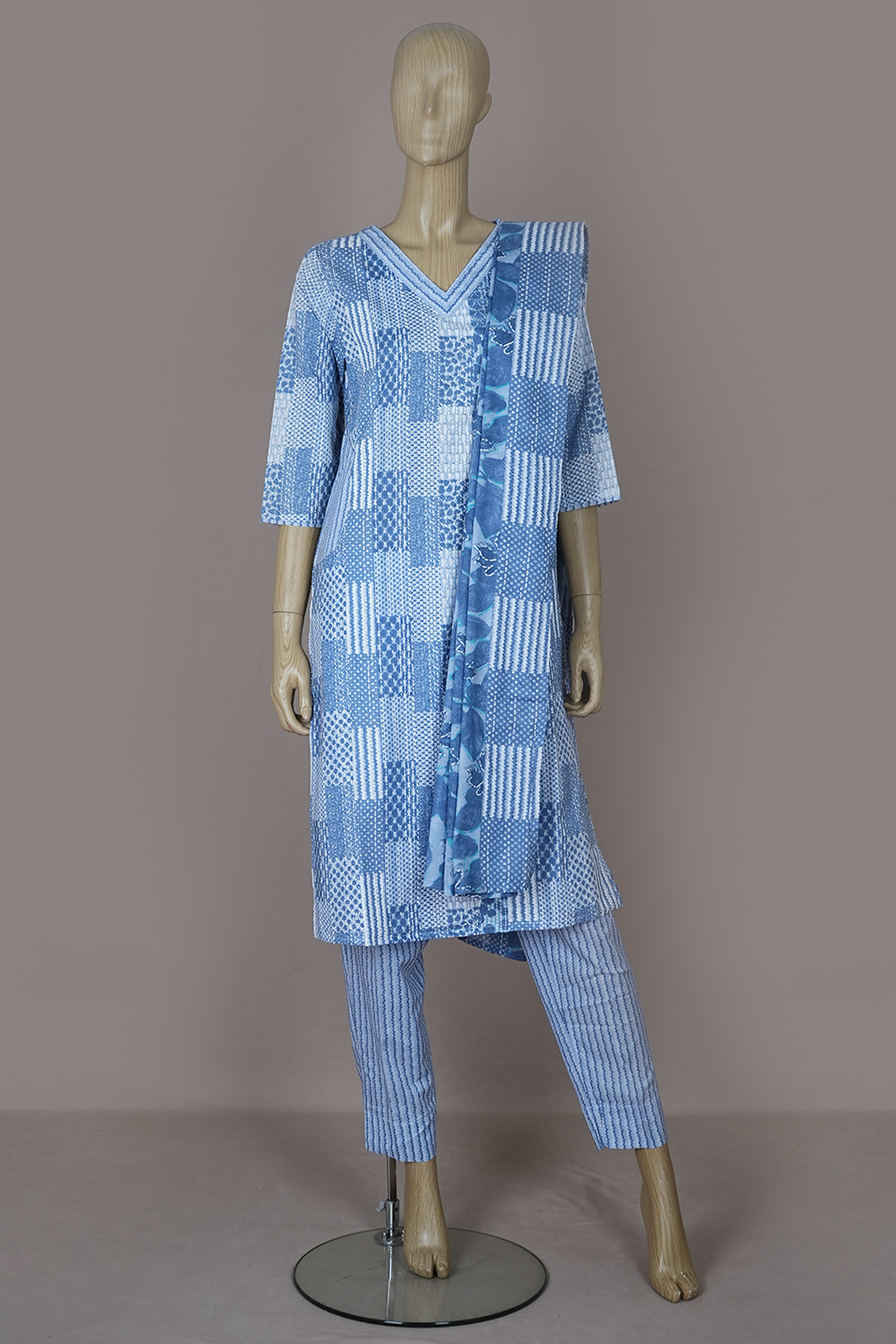 V-neck Allover Printed Blue And White Cotton Salwar Set