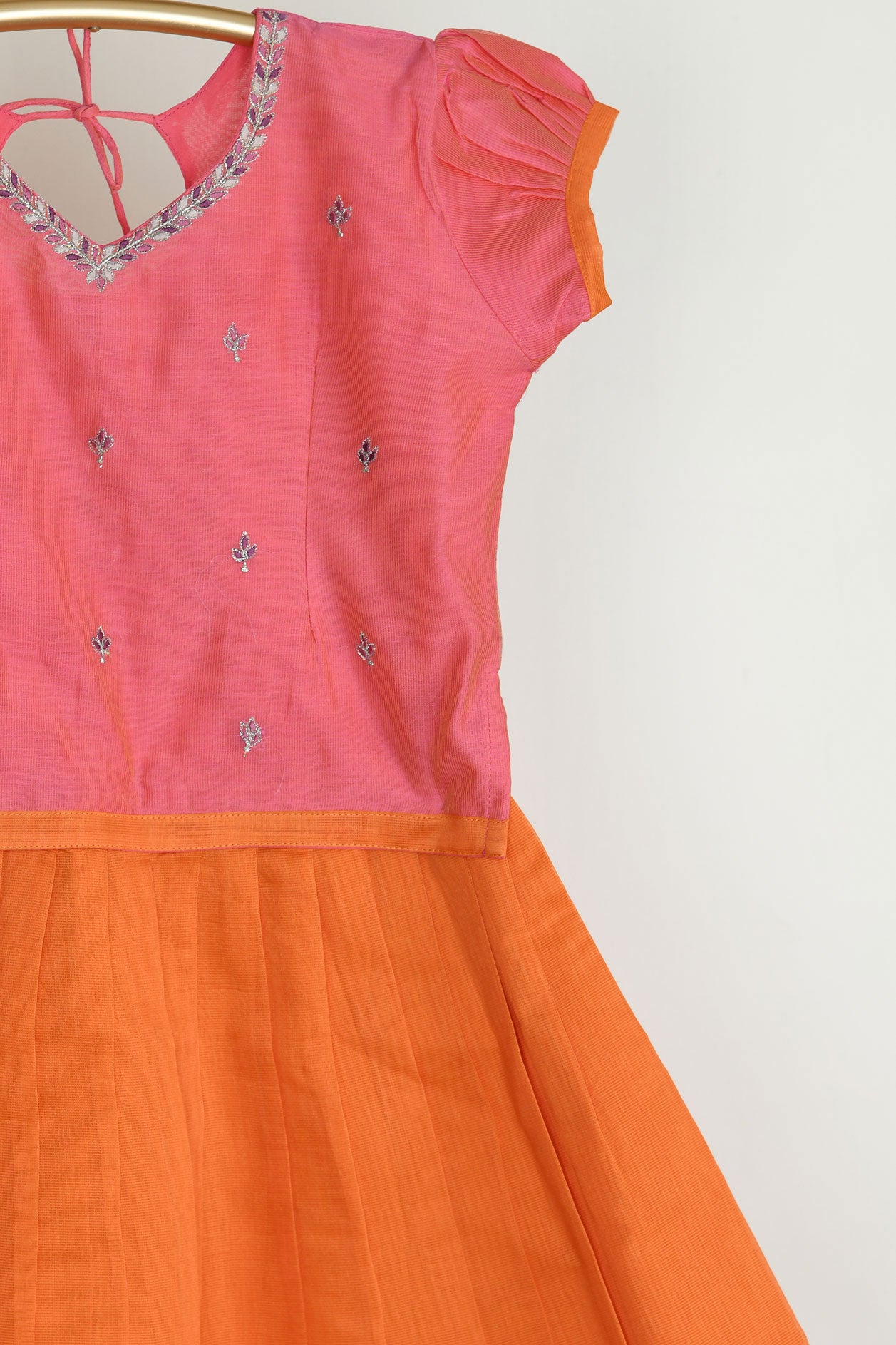 V-Neck Back Tie-Up And Embroidered Coral Pink And Orange Chanderi Cotton Pavadai Sattai