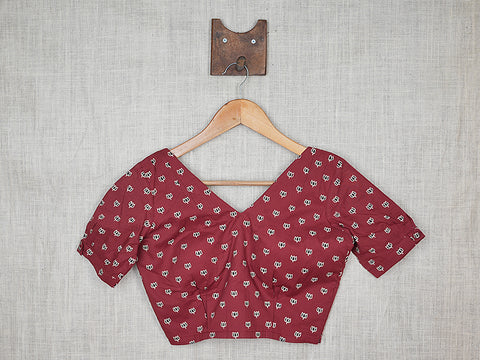 V-neck Berry Red Printed Cotton Readymade Blouse