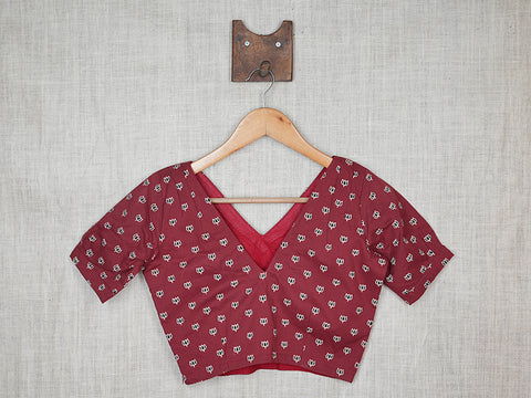 V-neck Berry Red Printed Cotton Readymade Blouse