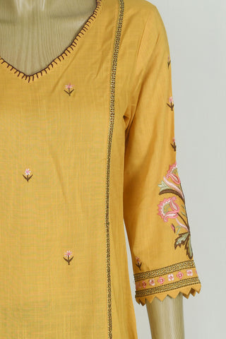 V-Neck Embroidered Floral Buttis Mustard Rayon Cotton Long Kurta