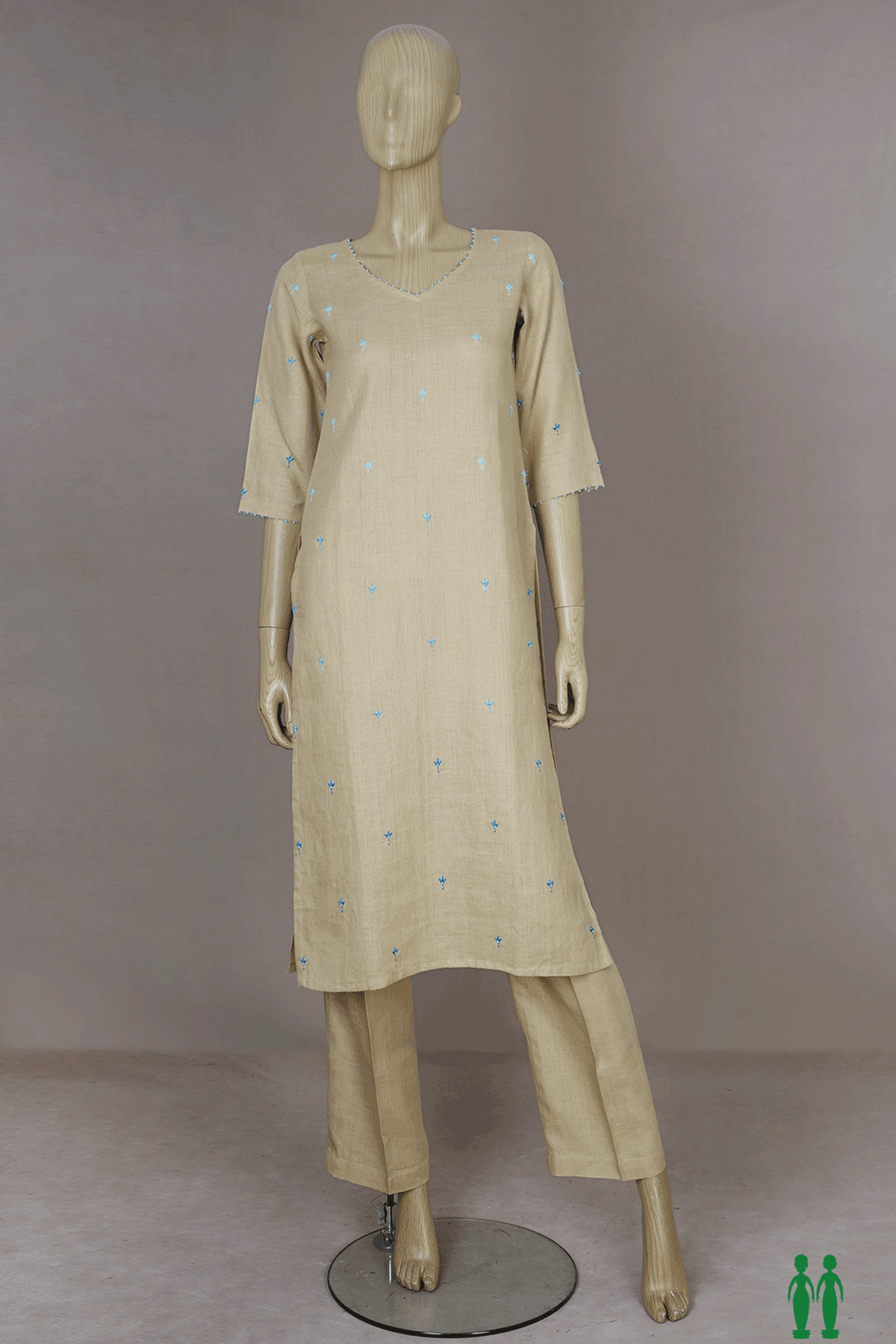 V-neck Floral Embroidered Beige Linen Cotton Salwar Set