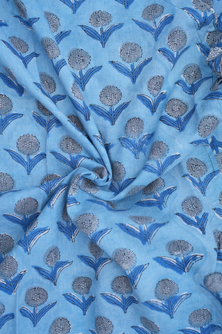 V-neck Floral Printed Deep Sky Blue Cotton Kurta