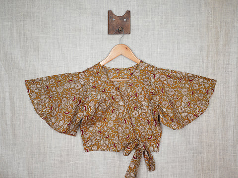 V-neck Peanut Brown Printed Cotton Readymade Blouse