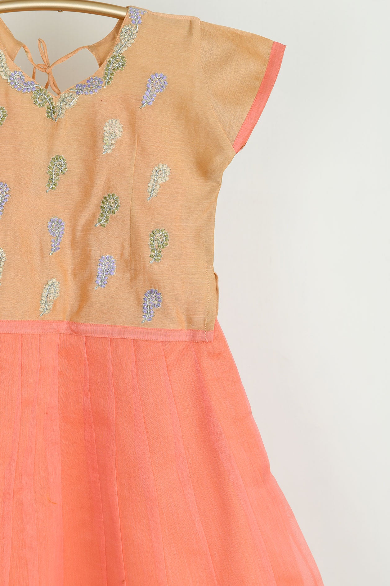 V-Neck Back Tie-Up Embroidered Peach And Coral Pine Chanderi Cotton Pavadai Sattai