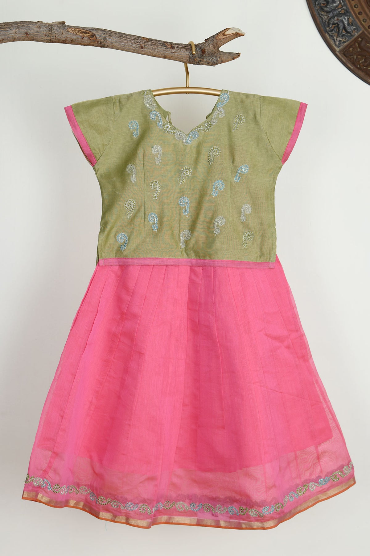 V-Neck Back Tie-Up Embroidered Sage Green And Pink Chanderi Cotton Pavadai Sattai