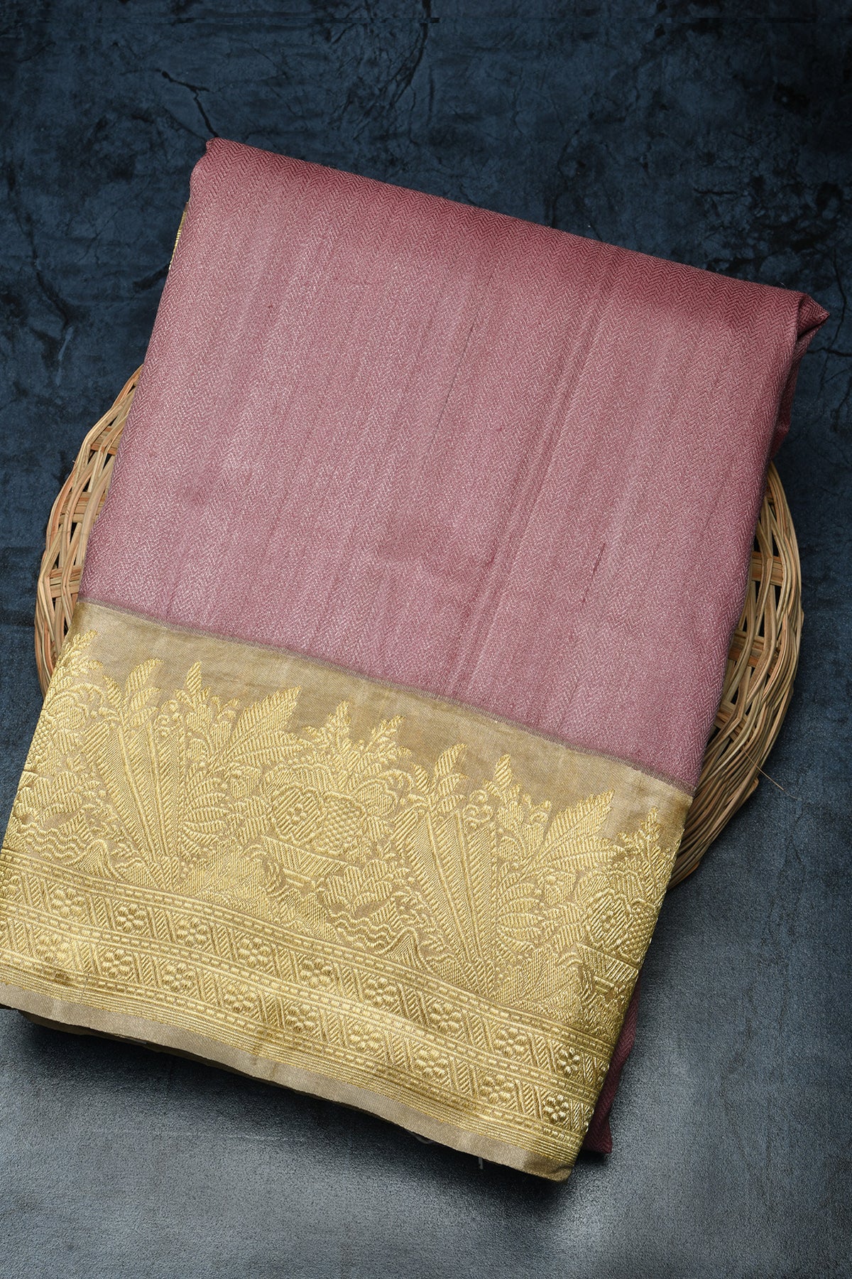 Chevron Design Onion Pink Banarasi Tussar Silk Saree