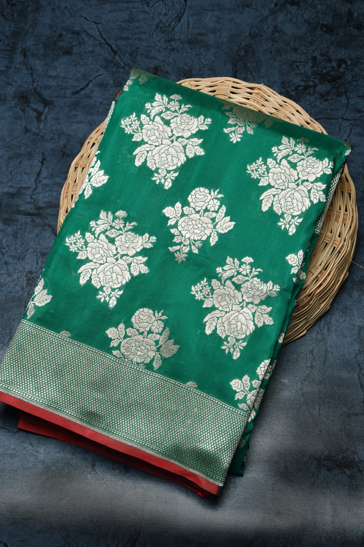 Flower Motif Dark Green Banaras Silk Saree