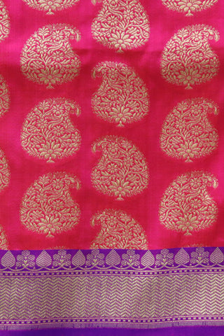 Chevron Border With Paisley Butta Hot Pink Banaras Silk Saree