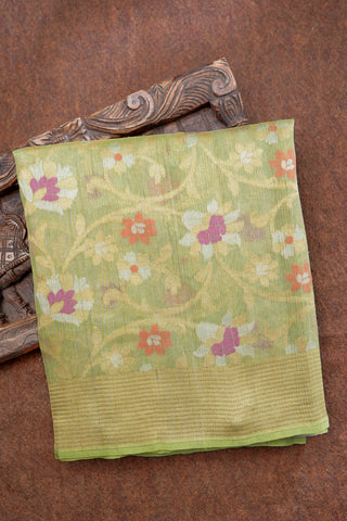 Floral Design Pastel Green Banarasi Raw Silk Saree