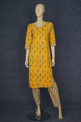 V Neck Paisley Mustard Yellow Printed Jaipur Salwar Set