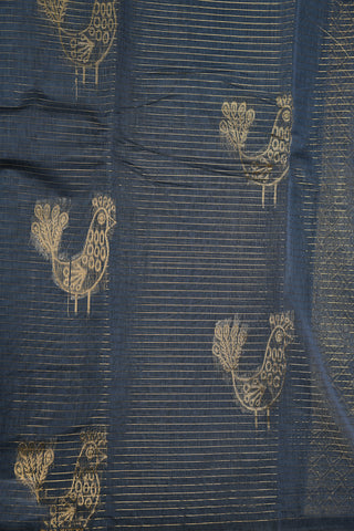Veldhari Stripes And Peacock Butta Charcoal Grey Semi Kora Silk Cotton Saree