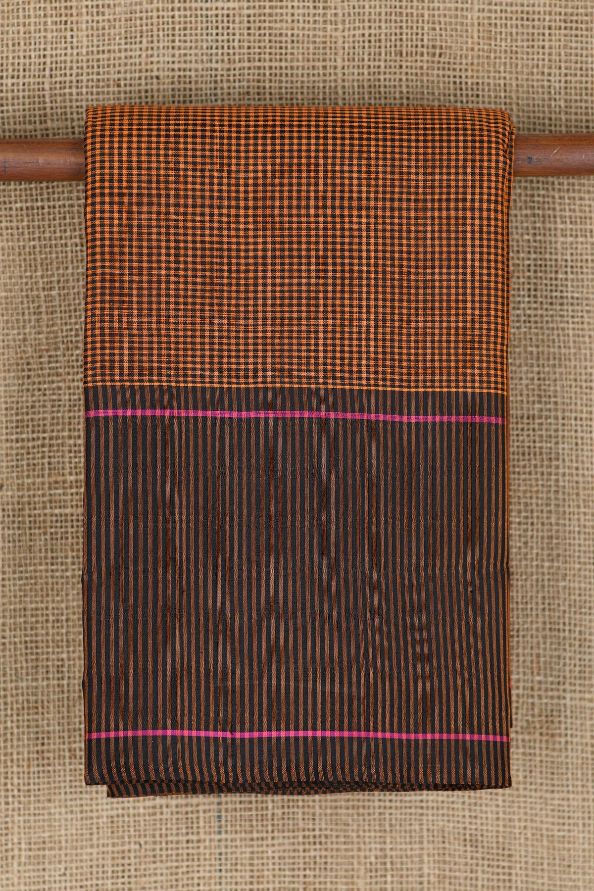 Vertical Stripes Border With Small Checks Mustard And Black Koorainadu Cotton Saree