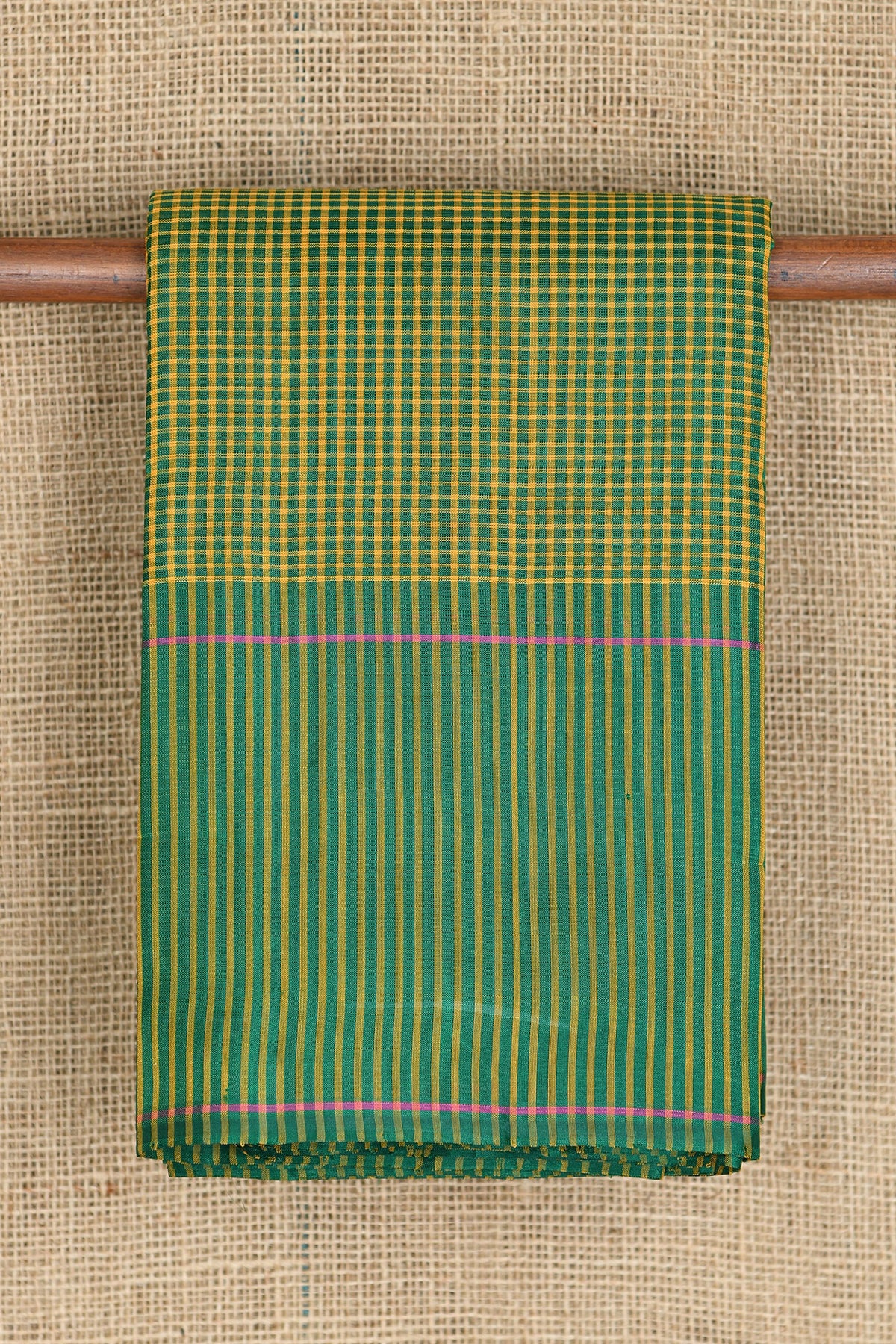 Vertical Stripes Border With Small Checks Green And Mustard Koorainadu Cotton Saree