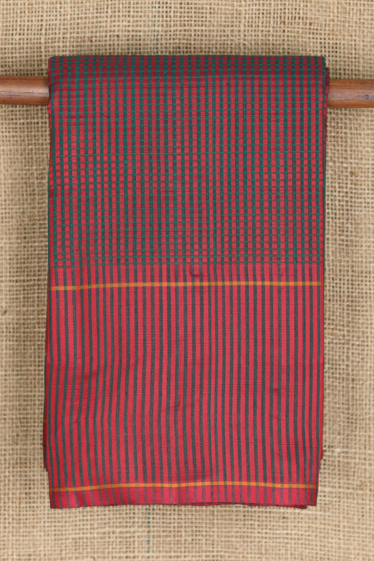 Vertical Stripes Border With Small Checks Green And Pink Koorainadu Cotton Saree