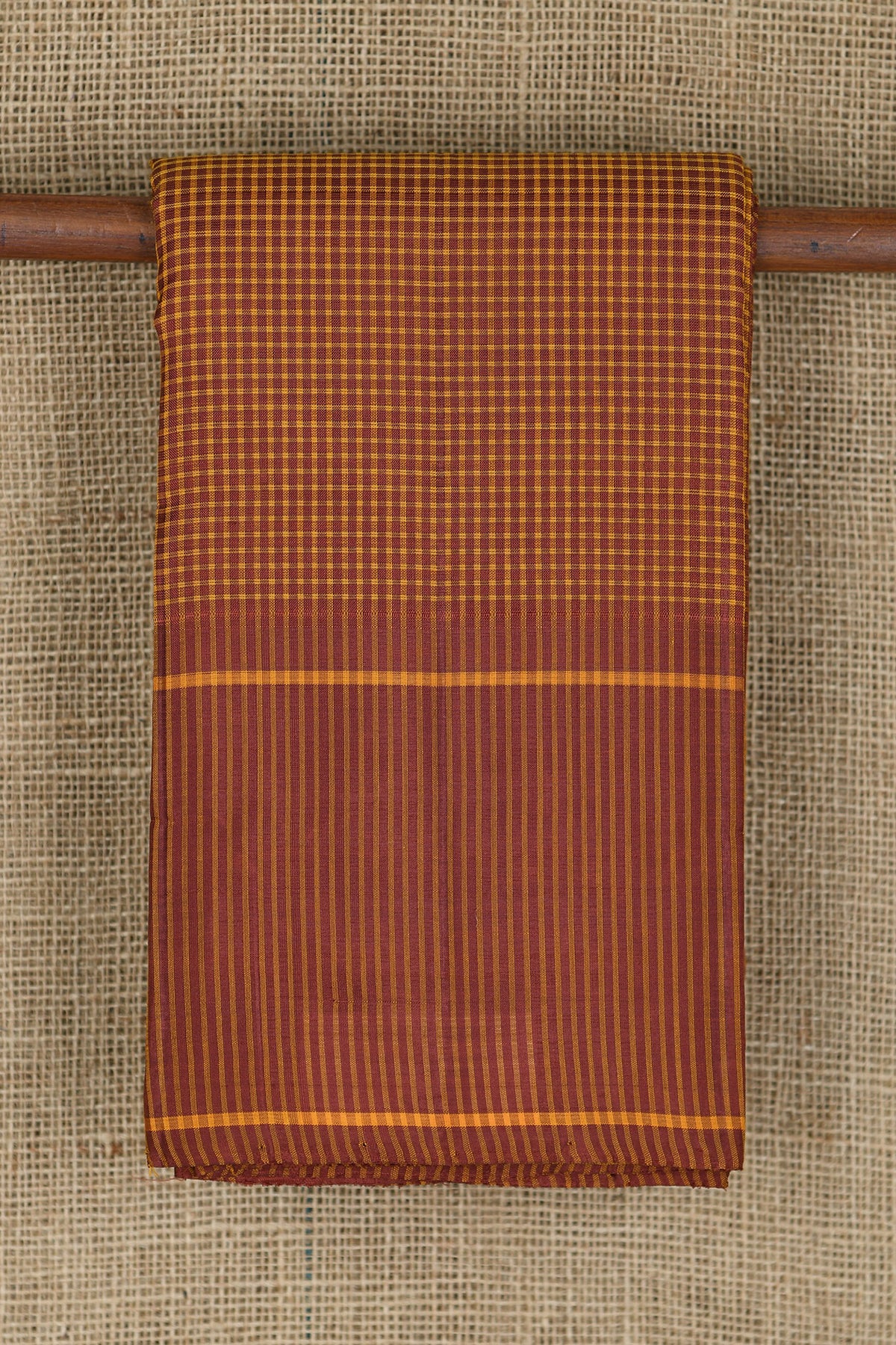 Vertical Stripes Border With Small Checks Mustard And Brown Koorainadu Cotton Saree