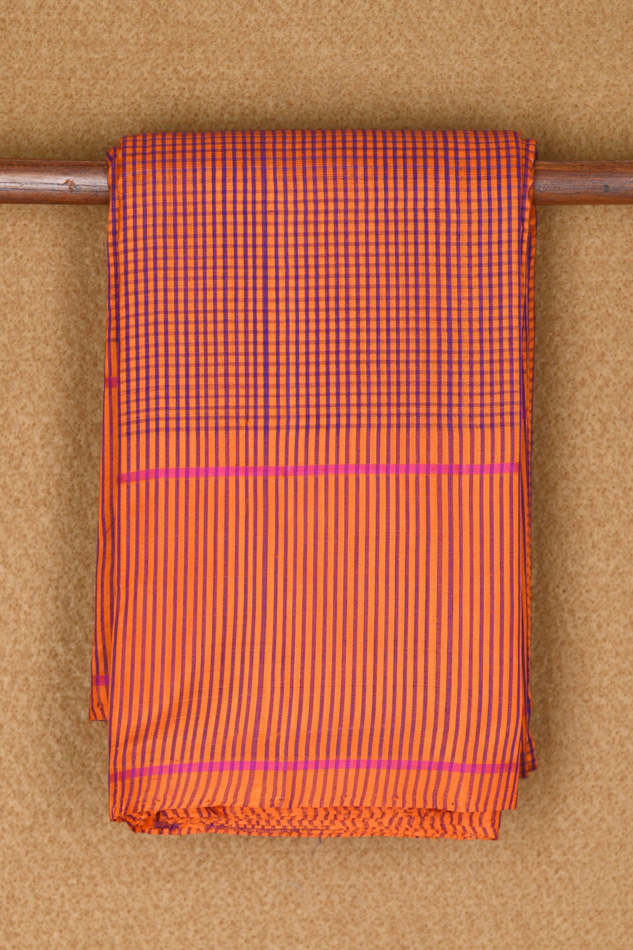 Vertical Stripes Border With Small Checks Orange And Purple Koorainadu Cotton Saree