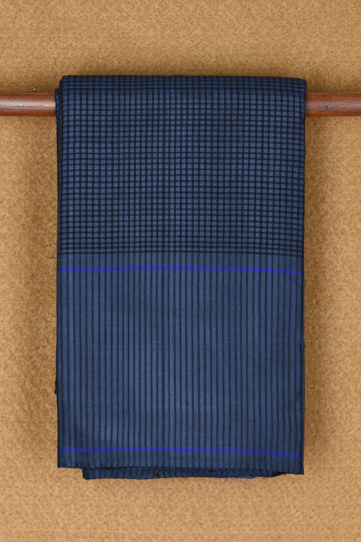 Vertical Stripes Border With Small Checks Stone Blue And Black Koorainadu Cotton Saree