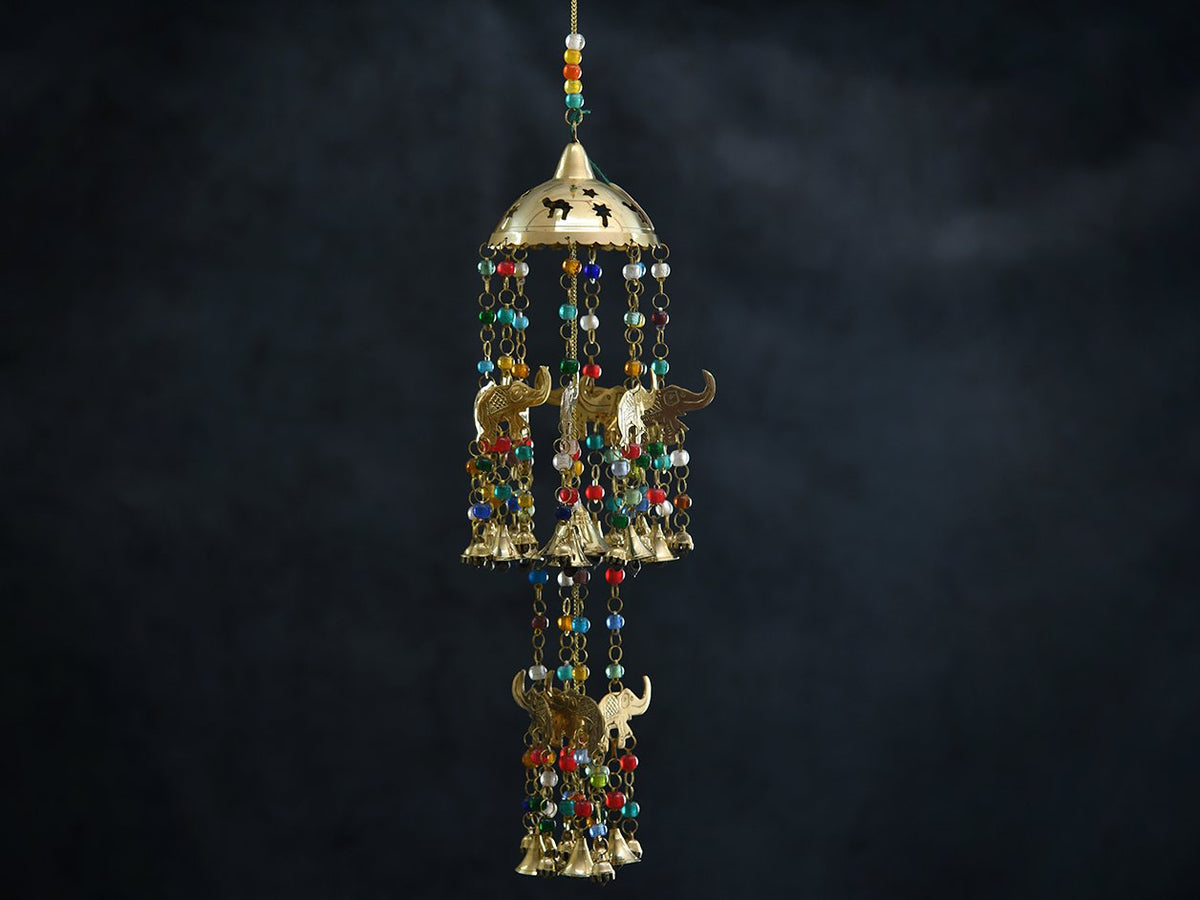 Metal Hanging Chime With Elephant And Coloured Beeds