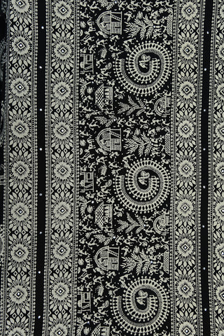 Warli Art Digital Printed With Mirror Work Black Crepe Silk Saree