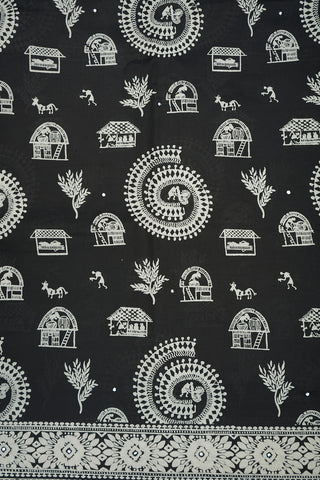Warli Design Black Printed Silk Saree