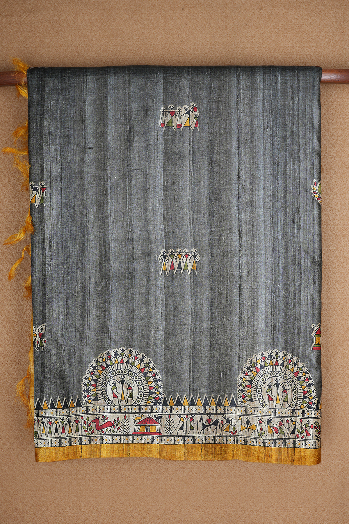 Warli Design Printed Dark Grey Tussar Silk Saree