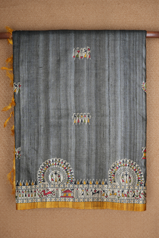 Warli Design Printed Dark Grey Tussar Silk Saree