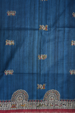 Warli Design Printed Prussian Blue Tussar Silk Saree
