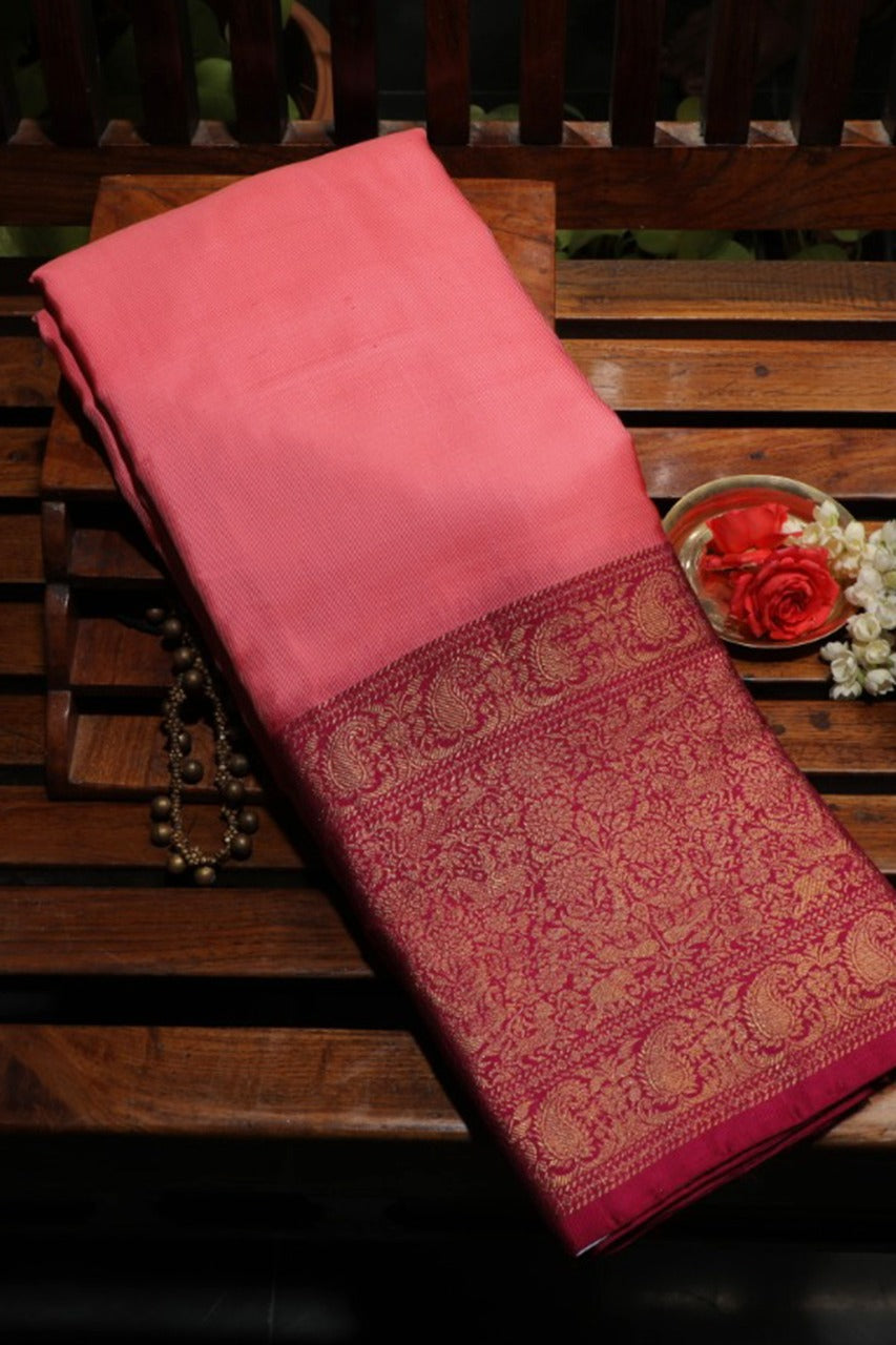 Pink Twill Weave Satin Finish Big Border Silk Saree With Ikat Blouse