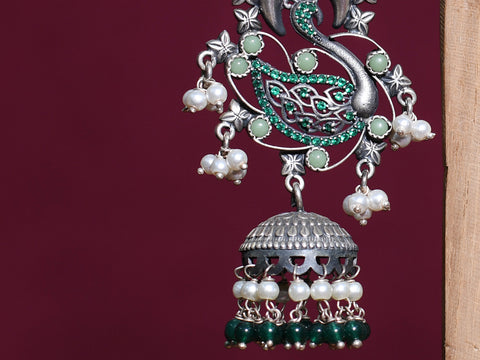 White And Green Pearl Swan Design Pure Silver Jhumkas