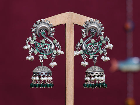 White And Green Pearl Swan Design Pure Silver Jhumkas