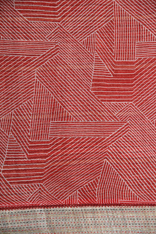 Kantha Work Border With Allover Pattern Crimson Red Banaras Geometric Saree
