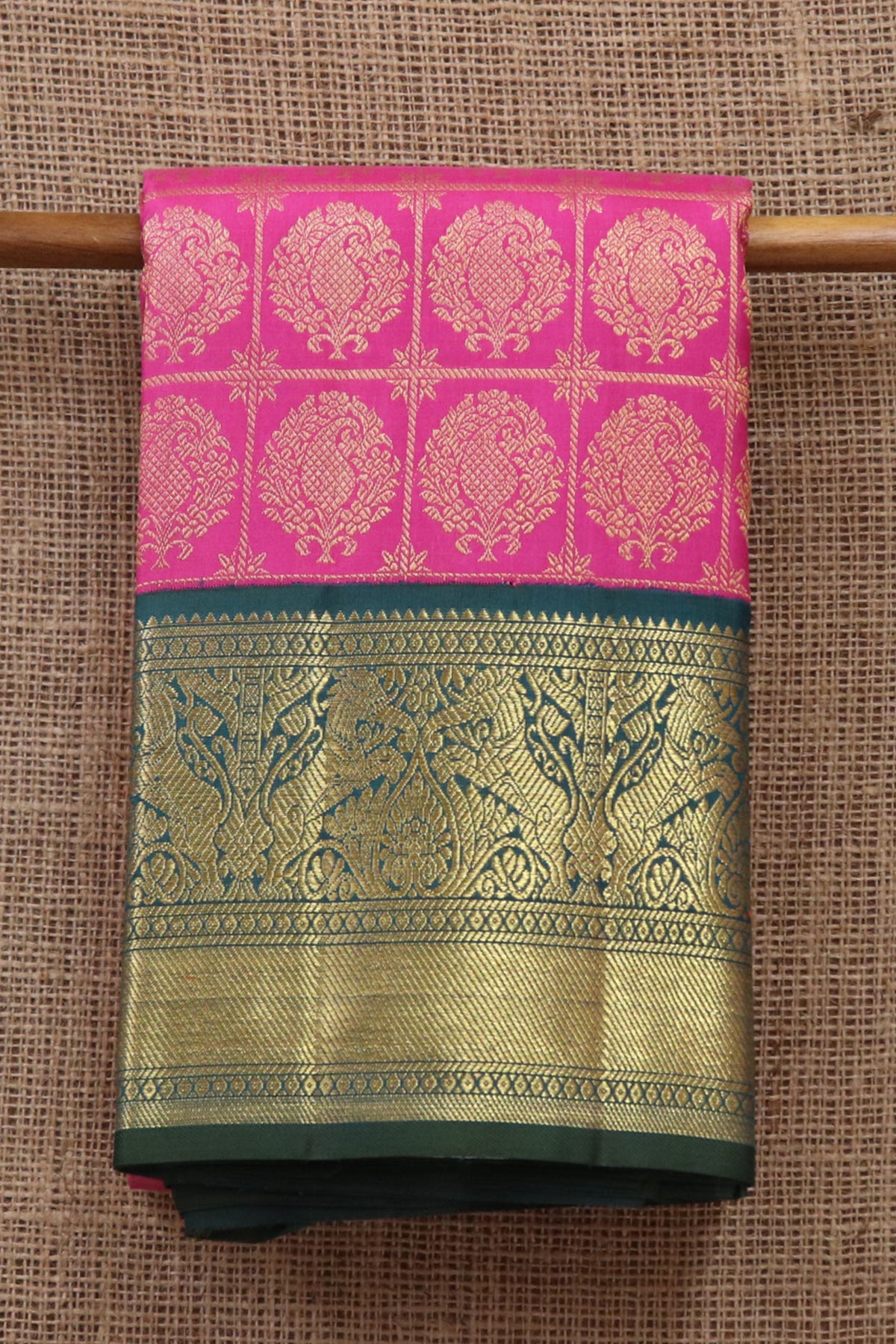 Yazhi Design Big Border With Checks And Paisley Hot Pink Kanchipuram Silk Saree